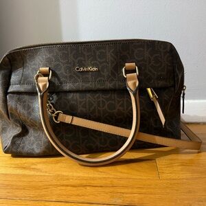 Calvin Klein Brown Monogram Satchel with Tan Straps